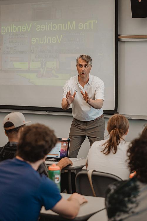 Matt Laszlo'92 shows is energy in the classroom by prompting students to be engaged.